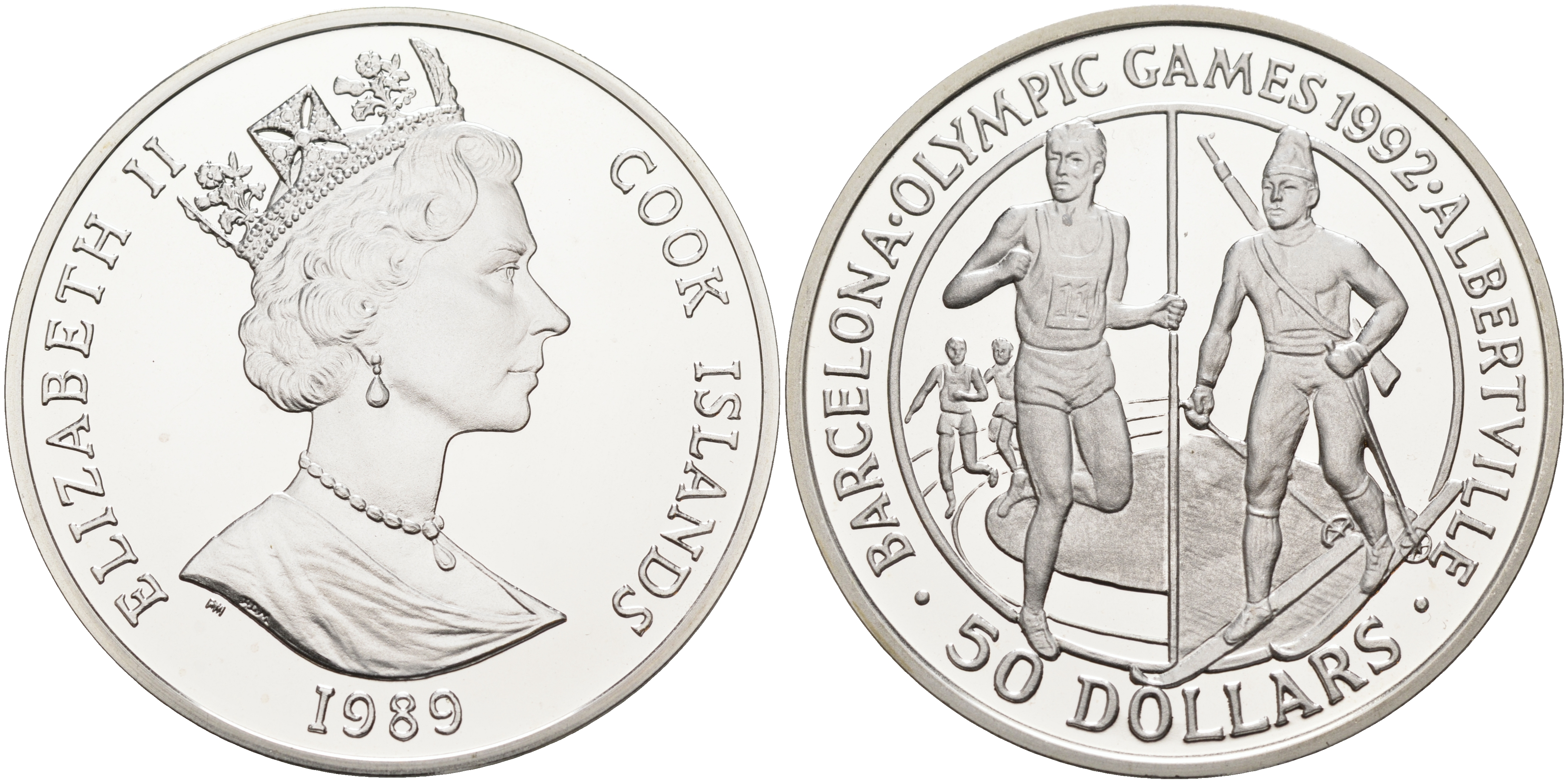 Острова Кука 50 долларов 1989 XXV летние Олимпийские игры 1992 года в Барселоне и XVI Зимние Олимпийские игры 1992 в Альбервиле KM 60 серебро PROOF 02-116-23