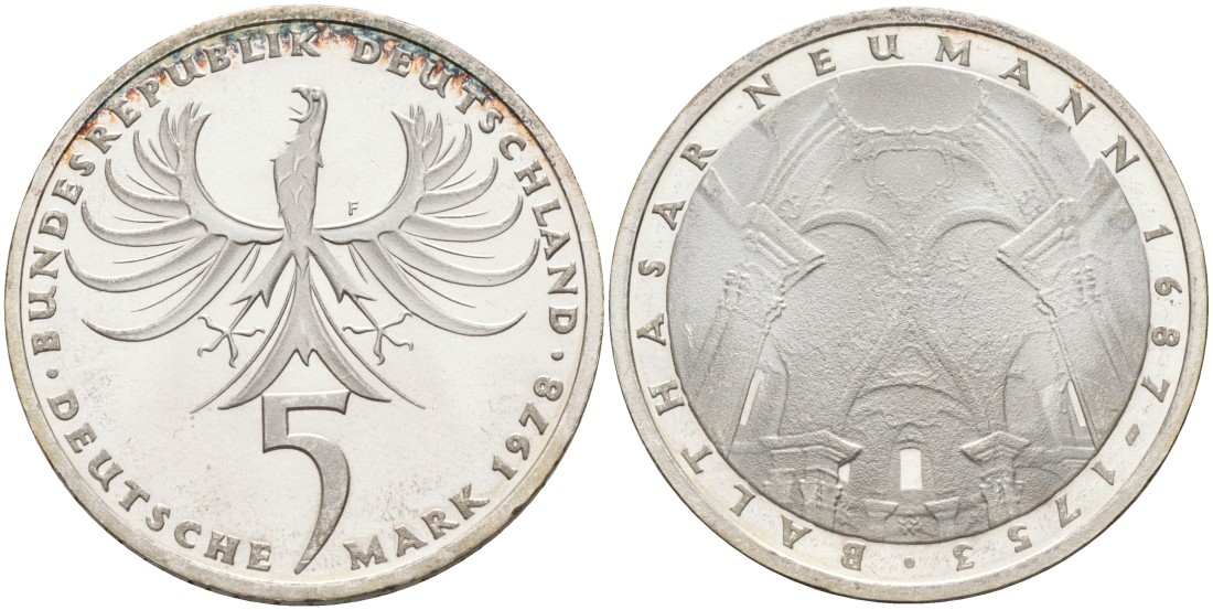 ФРГ 5 марок 1978 F, 225 лет со дня смерти Бальтазара Неймана KM 148, J.423 серебро 88-245