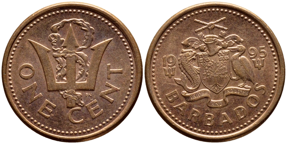 Барбадос 1 цент 1995 сломанный трезубец Британии KM 10а цинк плакированный медью 4396-1269