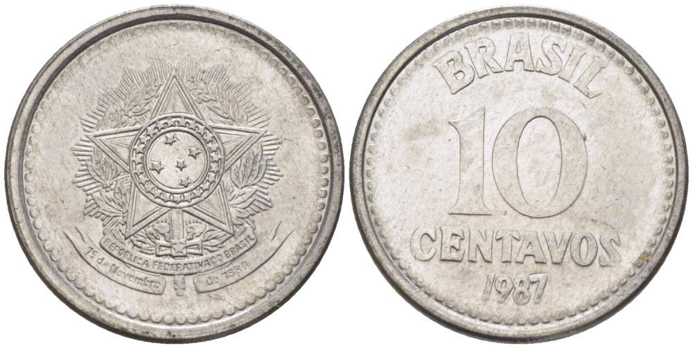 БРАЗИЛИЯ 10 СЕНТАВО 1987 РЕФОРМА 1986-1989 KM 602 нержавеющая сталь 100-359