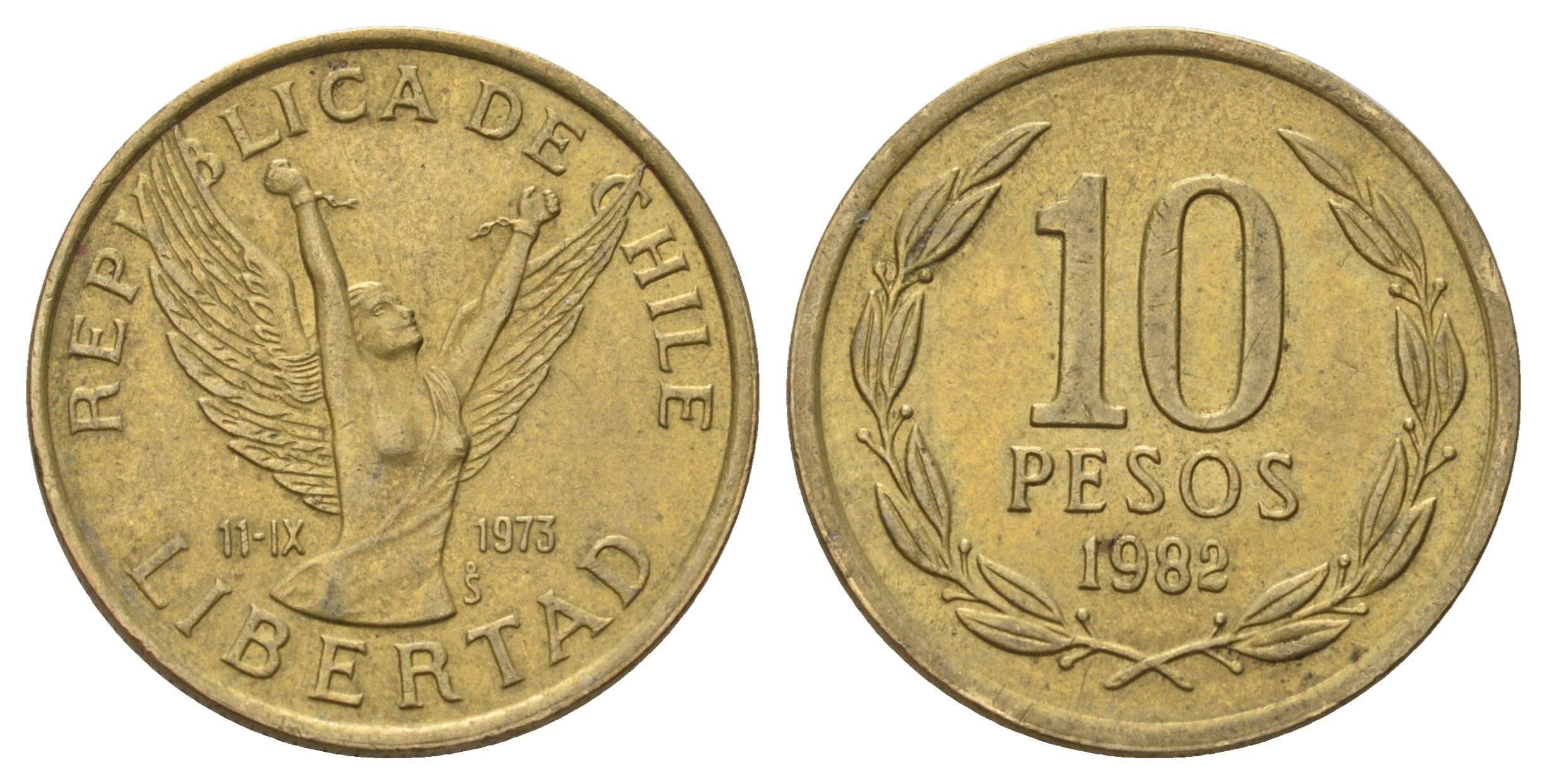 Чили 10 песо 1982 KM 218 латунь 4689-239