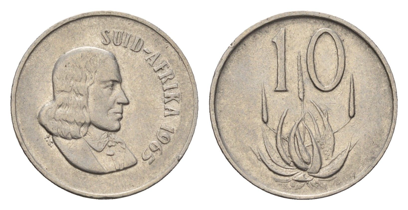 ЮАР 10 центов 1965 Ян ван Рибек (1619-1677), Suid Africa, легенда на африкаанс, цветок алоэ KM 68.2 никель 4702-453
