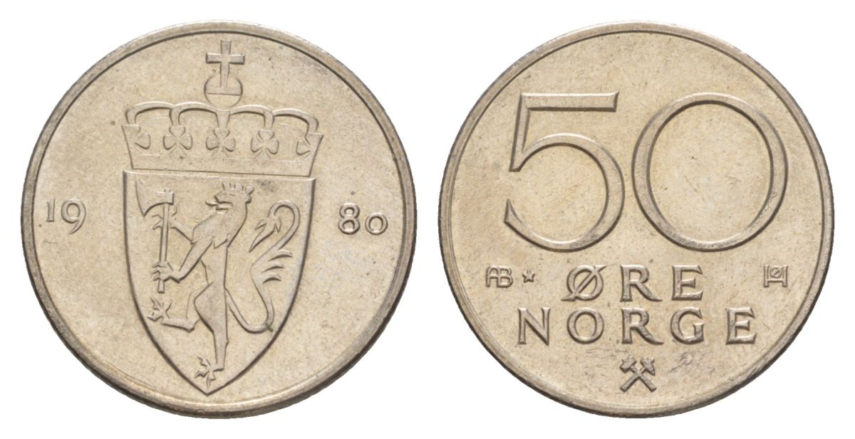 Норвегия 50 эре 1980 Улаф V (1957-1991) KM 418 медно-никель UNC 4635-452