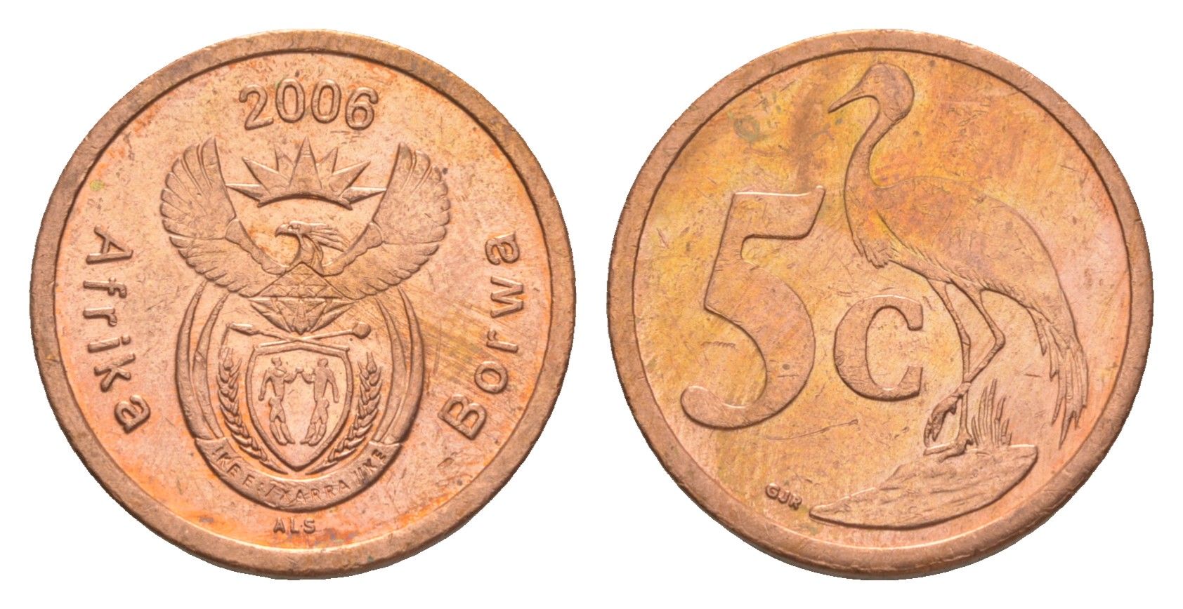 ЮАР 5 центов 2006 герб, райский журавль KM 486 сталь плакированная медью UNC 4380-112