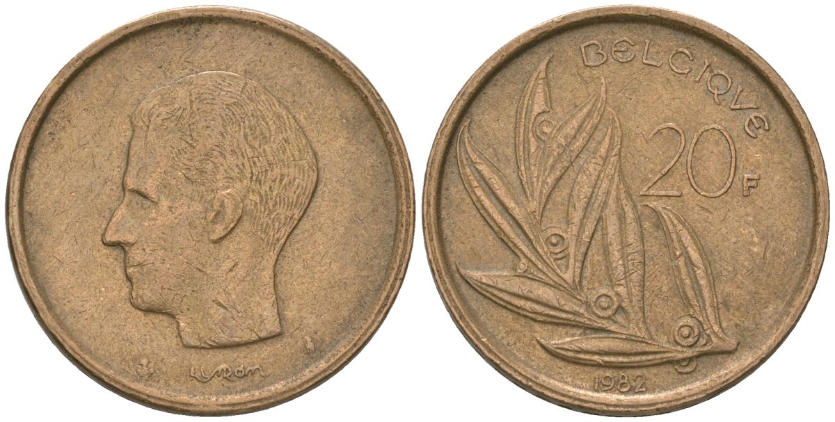 Бельгия 20 франков 1982 BELGIQUE, Бодуэн I (1951-1993) KM 159 никель бронза 4561-1113