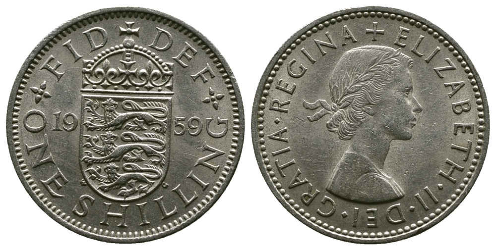 Великобритания 1 шиллинг 1959 Елизавета II (1952-2022), Английский герб KM 904, Spink 4147 медно-никель 4384-354