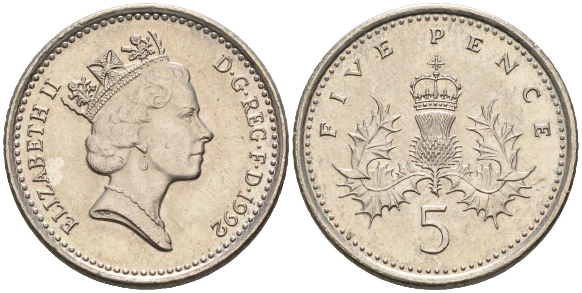 Великобритания 5 пенсов 1992 Елизавета II (1952-2022) KM 937b, Spink 4372 (D4) медно-никель 4115-726
