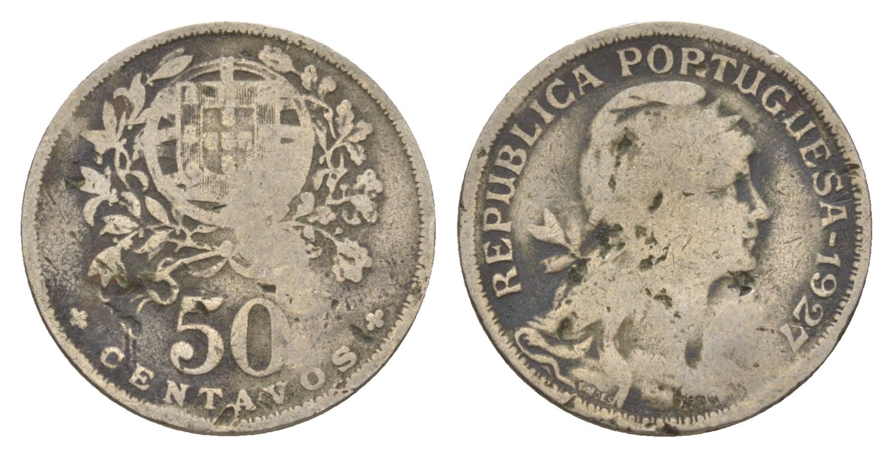 Португалия 50 сентаво 1927 KM 577 никель латунь 4651-752