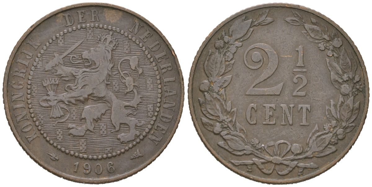 Нидерланды 2 1/2 цента 1906 Вильгельмина (1890-1948) KM 134 бронза 4582-1146