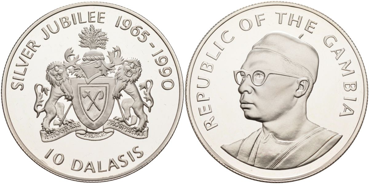 Гамбия 10 даласи 1990 25 лет независимости (1965-1990) KM 16 серебро PROOF 00-000