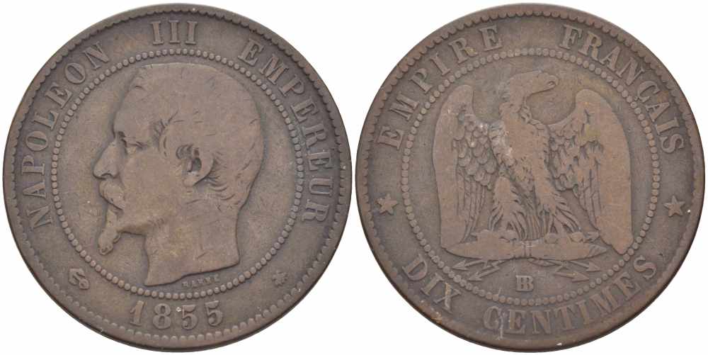 ФРАНЦИЯ 10 САНТИМОВ 1855 BB, НАПОЛЕОН III (1852-1870) KM 771.3, LE FRANC 133.23 бронза 38-1035