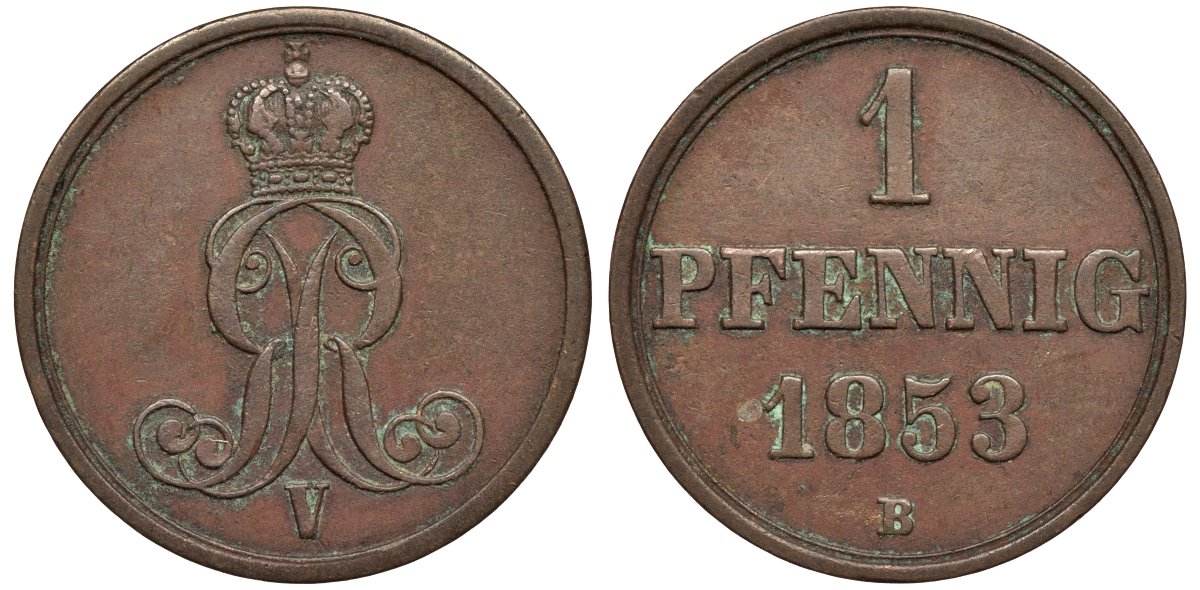 Ганновер 1 пфенниг 1853 B, Георг V KM 221, AKS 155, J. 83 медь 4594-251