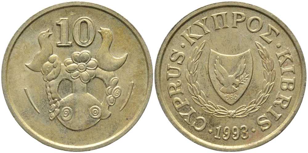 КИПР 10 ЦЕНТОВ 1993 ПТИЧКИ НА ВАЗЕ KM 56.3 никель латунь 113-745