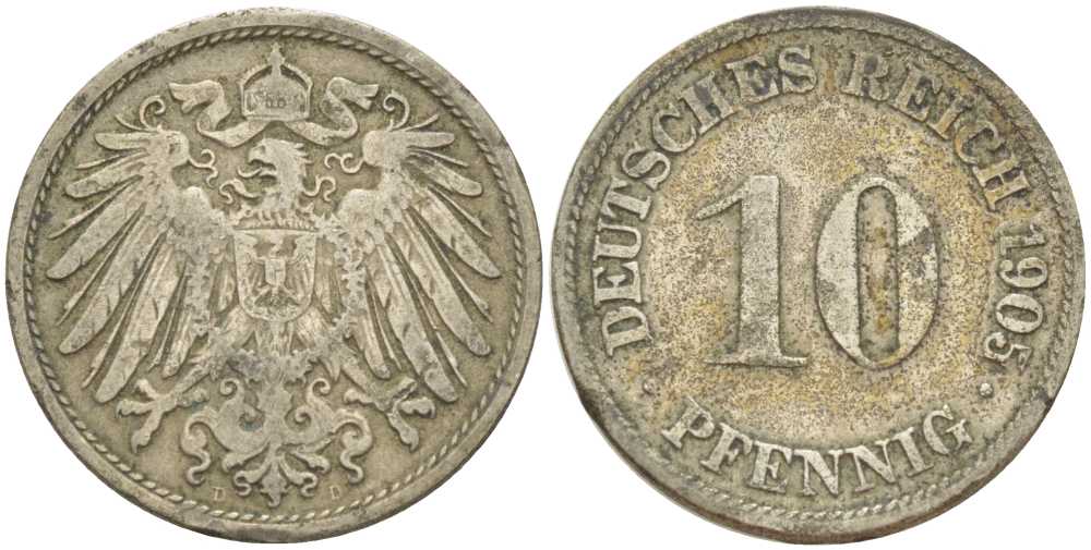 Германия 10 пфеннигов 1905 D KM 12, J. 13, Weege 8 медно-никель 259-847