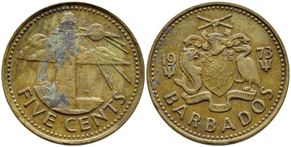 Барбадос 5 центов 1973 маяк Саут-Пойнт KM 11 латунь 4398-442