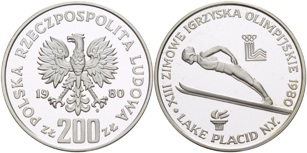 Польша 200 злотых 1980 MW, XIII Олимпийские игры в Лейк-Плэсиде, прыжки с трамплина, с факелом, тираж 32040 экз. KM 110.1 серебро PROOF 1085-1-54
