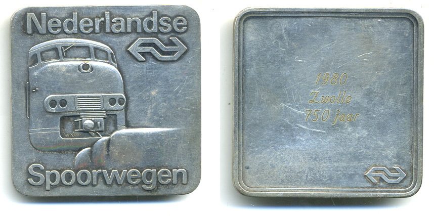 Нидерланды плакетка 1980 750 лет Зволле, железные дороги, spoorwegen, 51*51 мм, 52,84 гр  медно-никель    1079-7-23