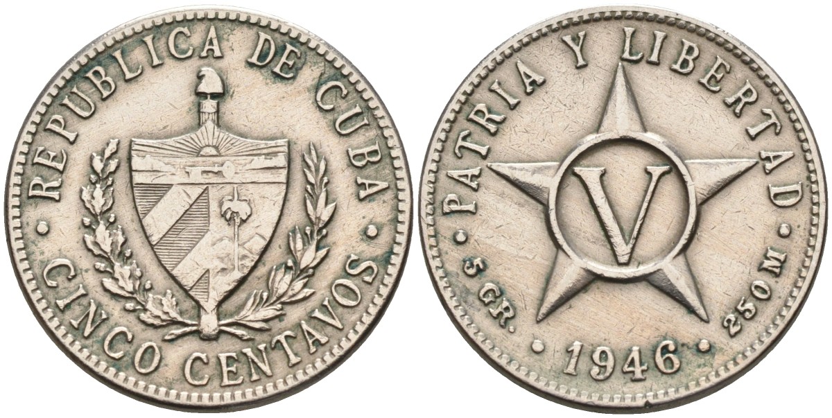 Куба 5 сентаво 1946 звезда, республика (1915-1961) KM 11.3 медно-никель 113-426