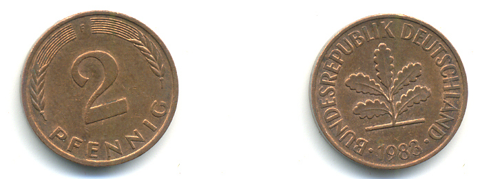 ФРГ 2 ПФЕННИГА 1983 F KM 106a, J.381a сталь плакированная сталь плакированная медьюю 176-713