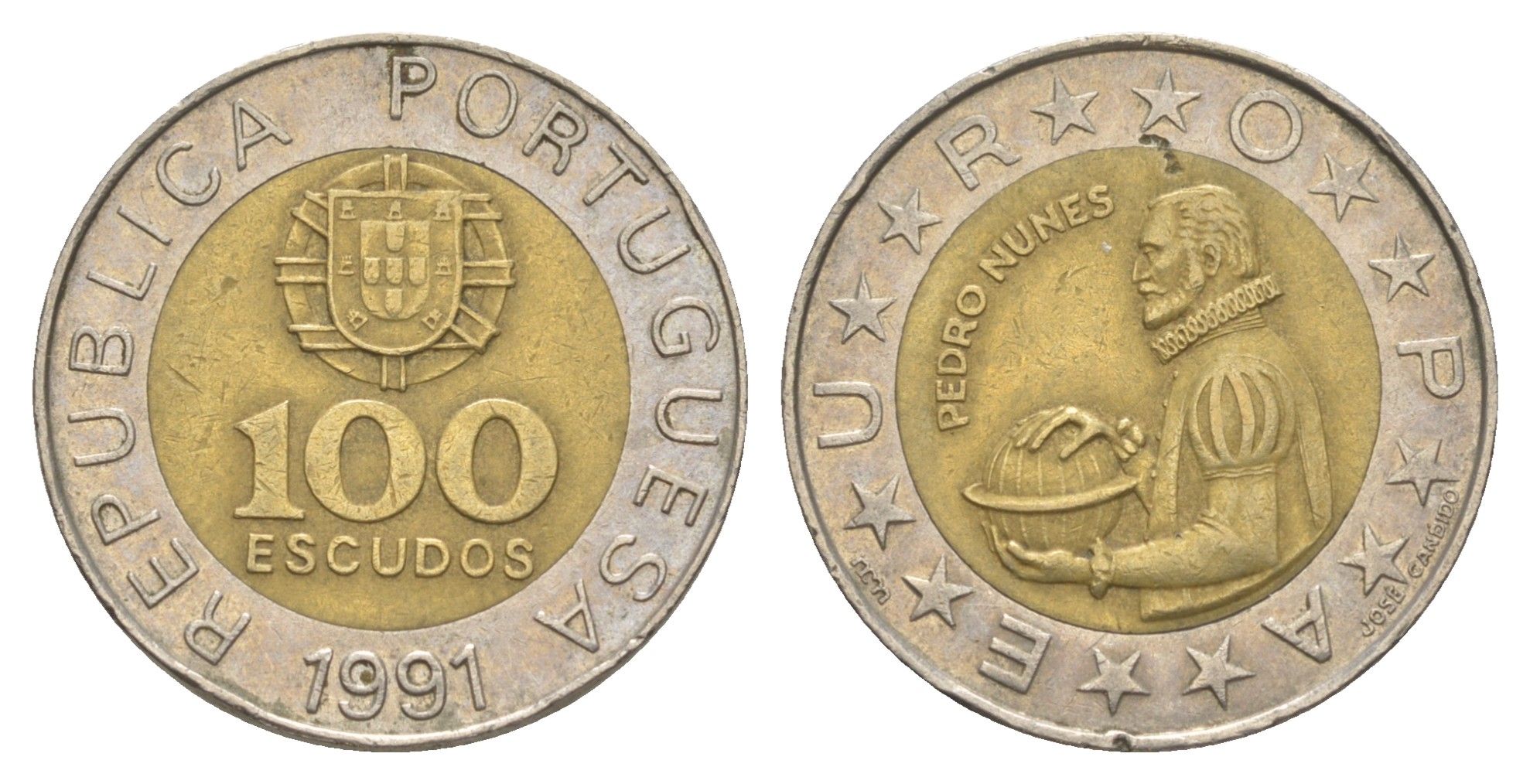 Португалия 100 эскудо 1991 Педру Нуниш (1502-1578), математик KM 645 биметалл 4388-521