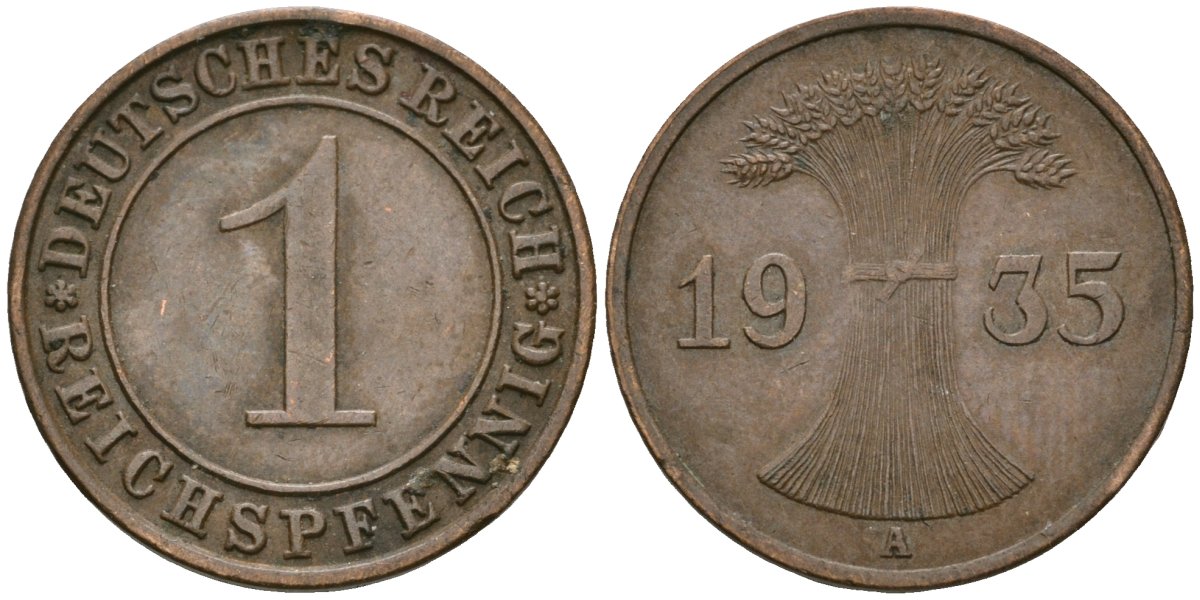 Германия 1 рейхспфенниг 1935 A KM 37, J. 313 бронза 4528-346