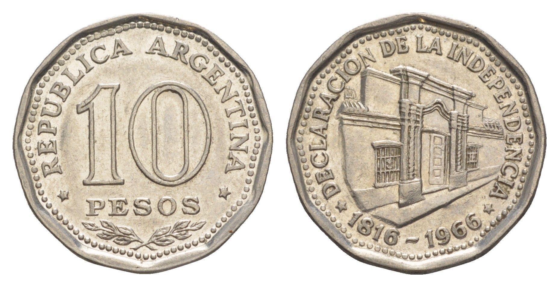 Аргентина 10 песо 1966 150 лет Декларации о Независимости KM 62 сталь плакированная никелем 4637-335