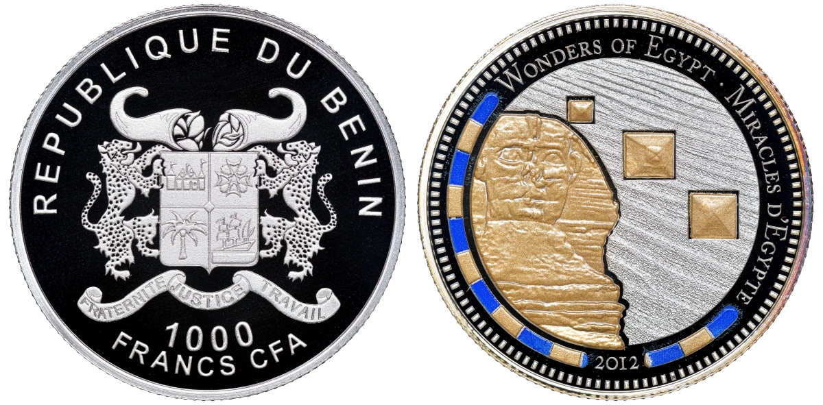 Бенин 1000 франков 2012 серия сокровищая Египта, пирамиды, сфинкс, цветная эмаль серебро PROOF 1087-8-35