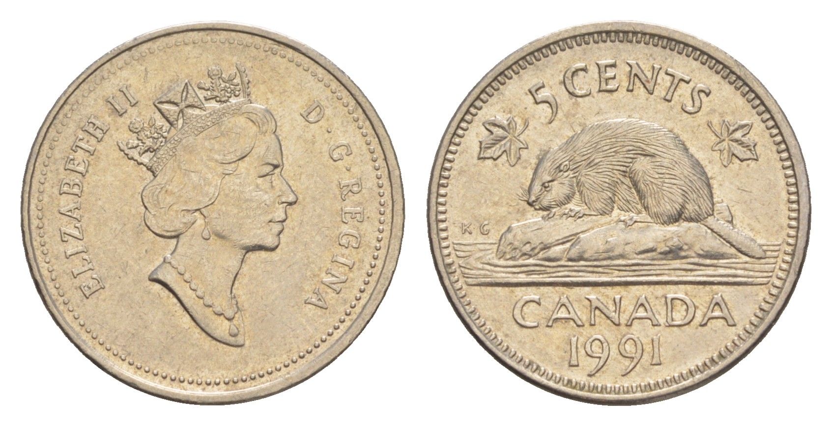 Канада 5 центов 1991 Елизавета II (1952-2022), бобр, редкий год KM 182 медно-никель 4636-621