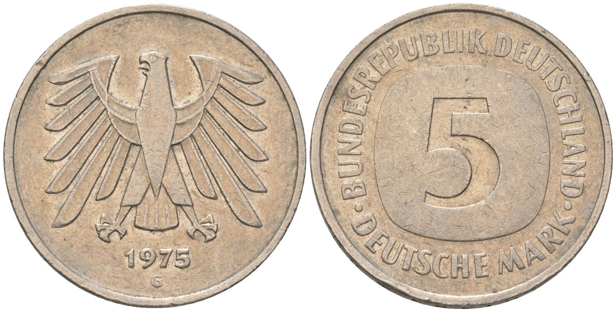 ФРГ 5 марок 1975 G KM 140.1 медно-никель 4557-925