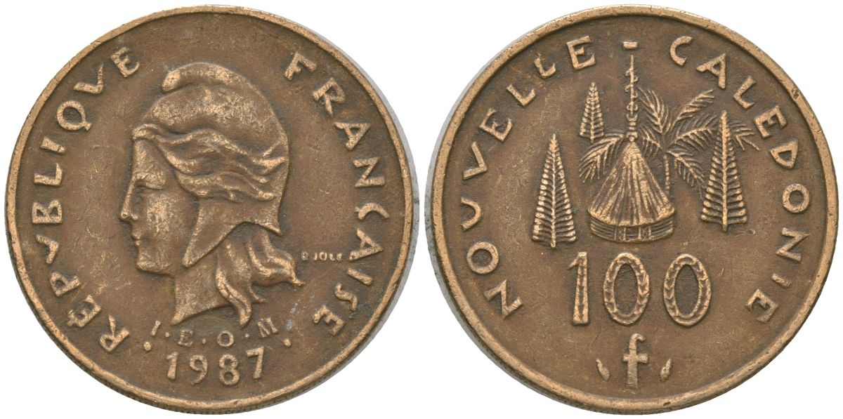 Французская Новая Каледония 100 франков 1987 хижина среди сосен и пальм, (IEOM) KM 15, Schoen 16, Lec 135 никель латунь 4137-945