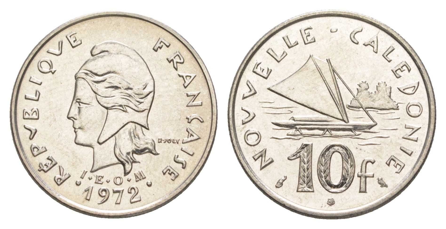 Французская Новая Каледония 10 франков 1972 лодка KM 11 никель UNC 4641-151