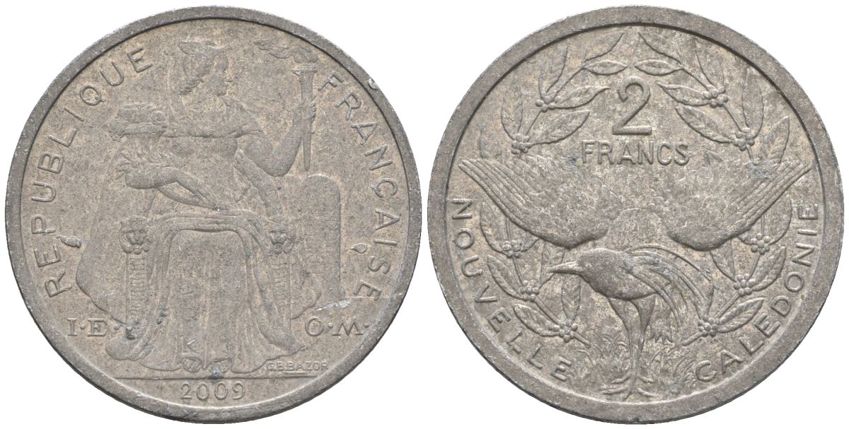 Французская Новая Каледония 2 франка 2009 птица кагу, (IEOM) KM 14, Schoen 11 алюминий    29-543