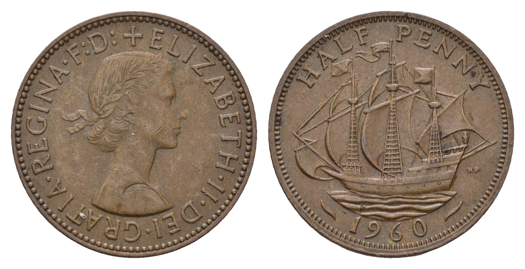 Великобритания 1/2 пенни 1960 Елизавета II (1952-2022) KM 896, Spink 4158 бронза 94-956