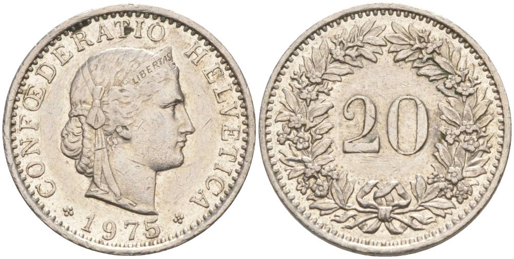 Швейцария 20 раппенов 1975 KM 29a медно-никель 55-943
