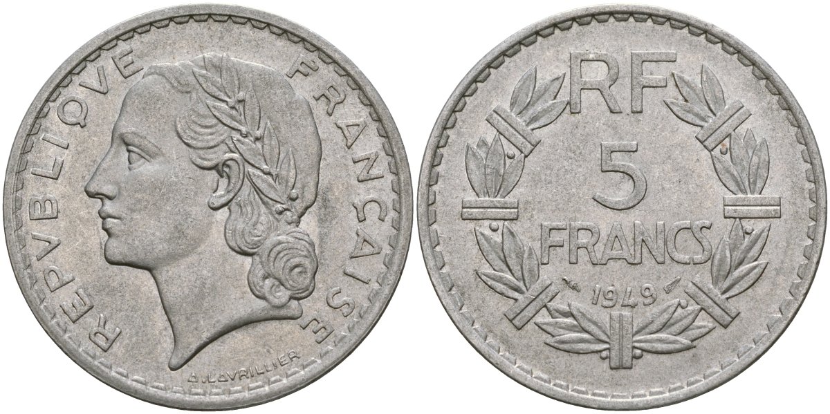 Франция 5 франков 1949 B, тип Лаврилье KM 888b.2, Le Franc 339.19 алюминий 4137-622