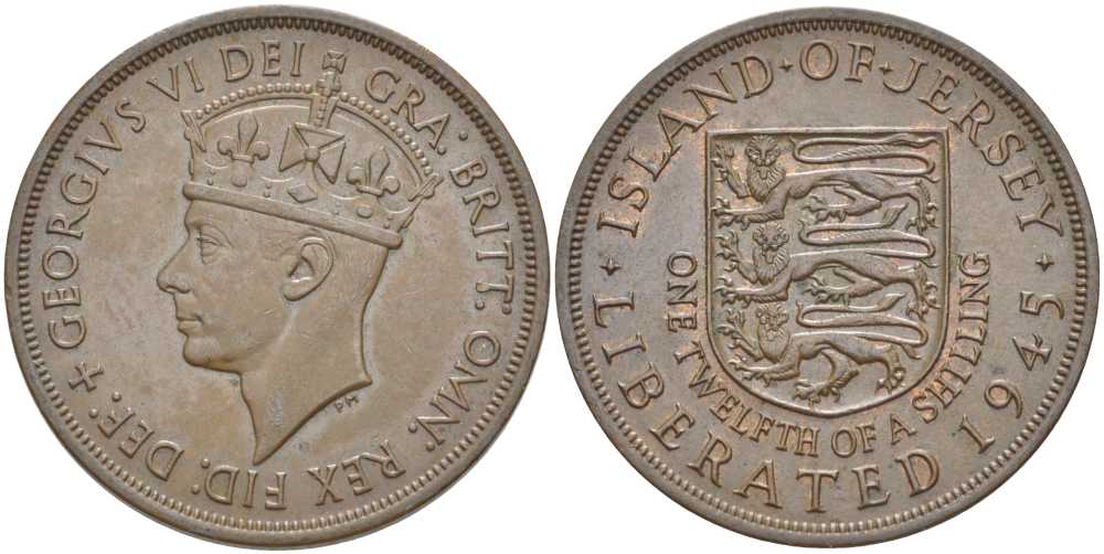 Джерси 1/12 шиллинга 1945 Георг VI (1937-1952), освобождение Джерси KM 19 бронза 3996-511