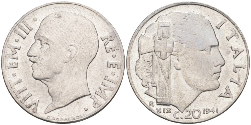 ИТАЛИЯ 20 ЧЕНТЕЗИМО 1941 R, ГОД XIX, ВИКТОР ЭММАНУИЛ III (1900-1946) KM 75b, VEM3. 1028 нержавеющая сталь 3853-855