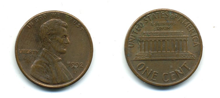 США 1 ЦЕНТ 1992 D, ЛИНКОЛЬН KM 201b цинк плакированный медью 4364-243