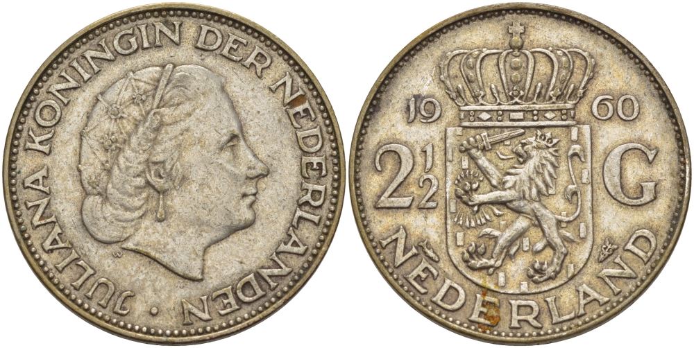 Нидерланды 2 1/2 гульдена 1960 Юлиана (1948-1980) KM 185 серебро 82-1211