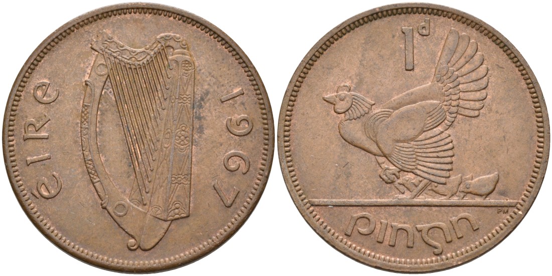 Ирландия 1 пенни 1967 курица с цыплятами KM 11 бронза 88-846