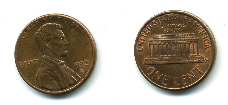 США 1 ЦЕНТ 1992 D, ЛИНКОЛЬН KM 201b цинк плакированный медью 46-815