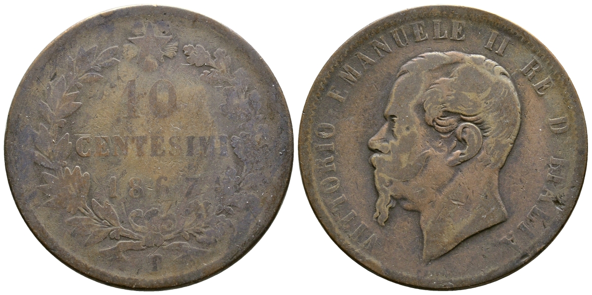 Италия 10 чентезимо 1867 T, Виктор Эммануил II (1861-1878) KM 11.6 медь 4381-145