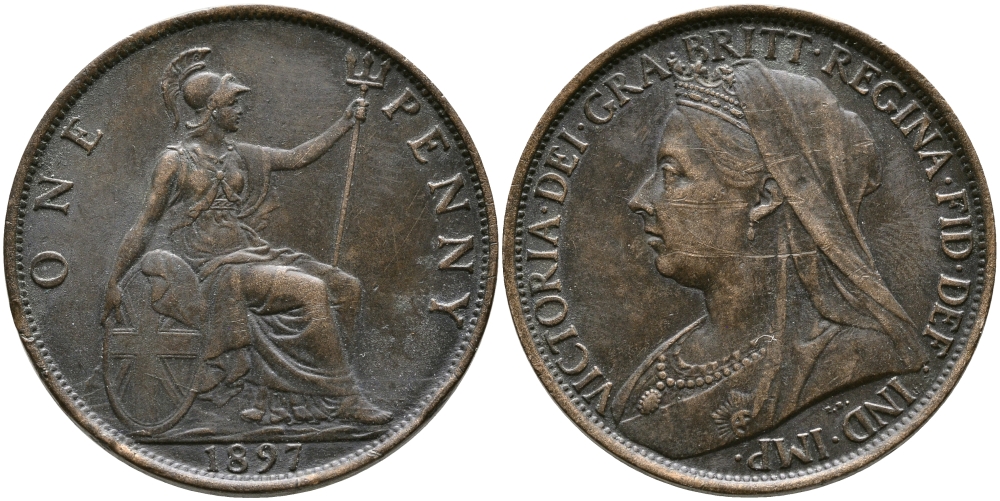 Великобритания 1 пенни 1897 Виктория (1837-1901) KM 790, Spink 3961 бронза 32-216