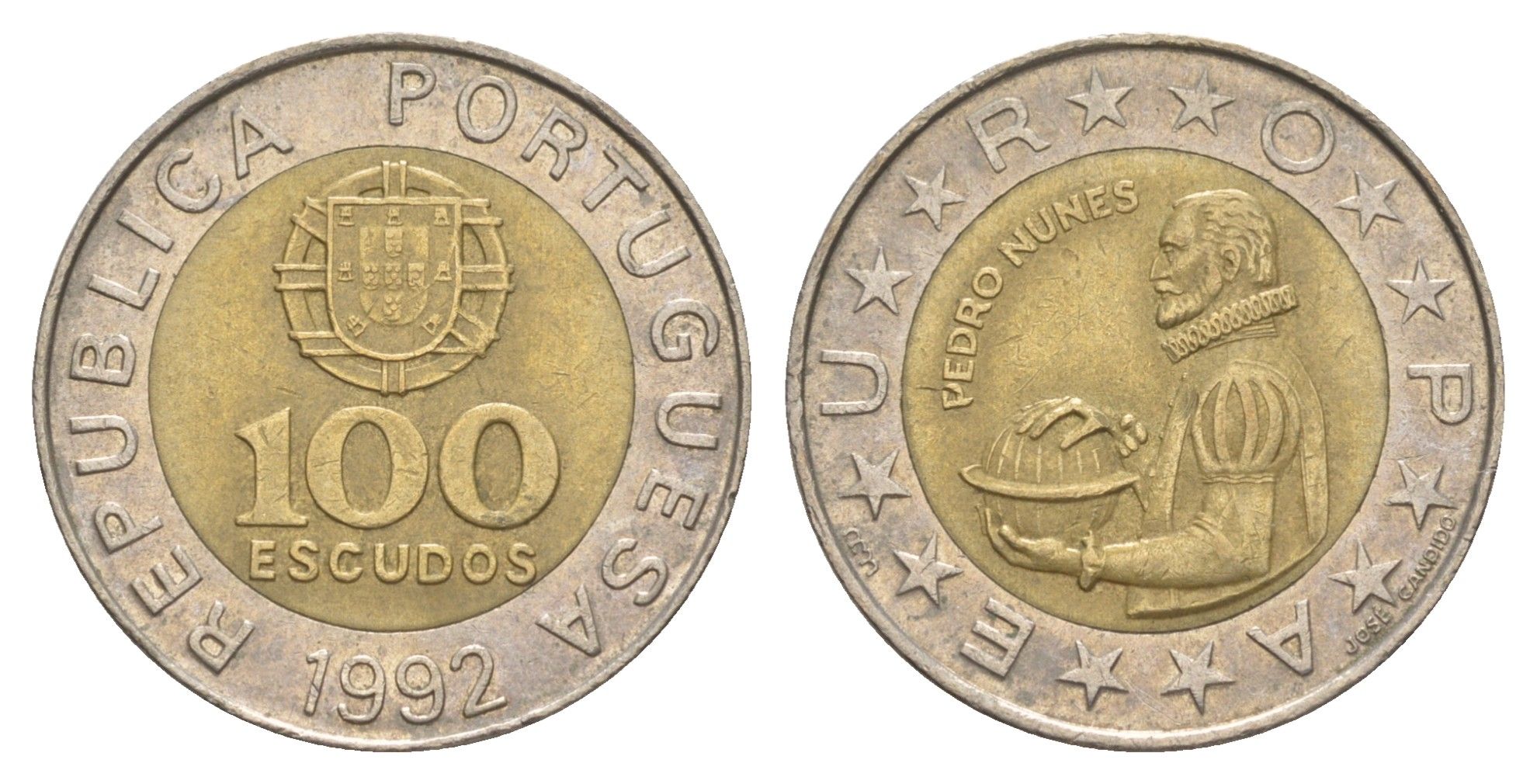 Португалия 100 эскудо 1992 Педру Нуниш (1502-1578), математик KM 645 биметалл 4390-935