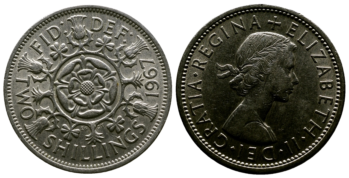 Великобритания 2 шиллинга (флорин) 1967 Елизавета II (1952-2022) KM 906, Spink 4146 медно-никель 4382-734