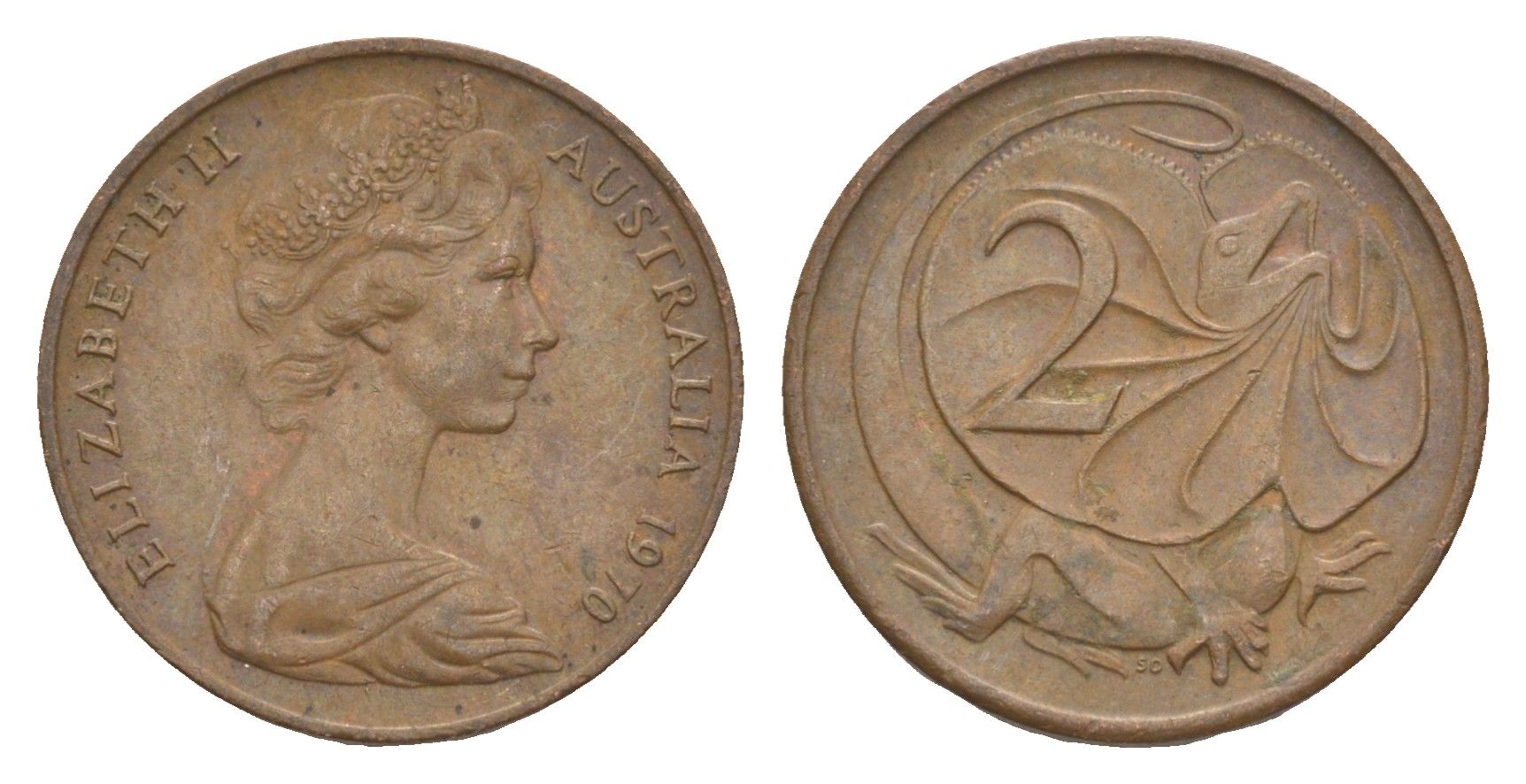 Австралия 2 цента 1970 Елизавета II (1952-2022), плащеносная ящерица KM 63 бронза 4585-1141