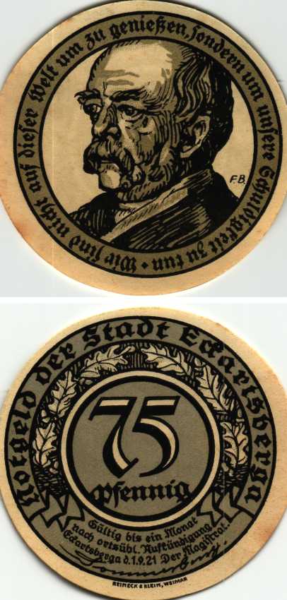 ЭККАРТСБЕРГА 75 ПФЕННИГОВ 1921 НОТГЕЛЬД, 1 СЕНТЯБРЯ 1921, ЗЕМЛЯ САКСОНИЯ-АНХАЛЬТ Grabowski 305.5 бумага 6318-44-3-2