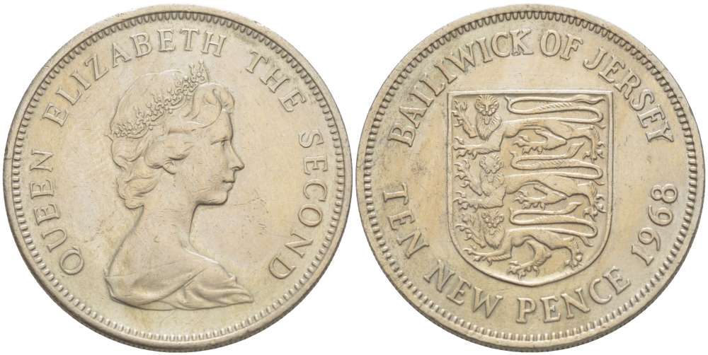 ДЖЕРСИ 10 ПЕНСОВ 1968 ЕЛИЗАВЕТА II (1952-) KM 33 медно-никель 4521-231