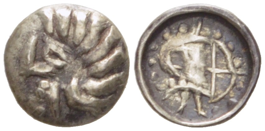 Древняя Греция, Скифия обол 250 - 130 гг. до н.э. Согдиана, Скифская Даха, голова/лучник, 0,43 гр MACW 350 серебро 1073-11-85