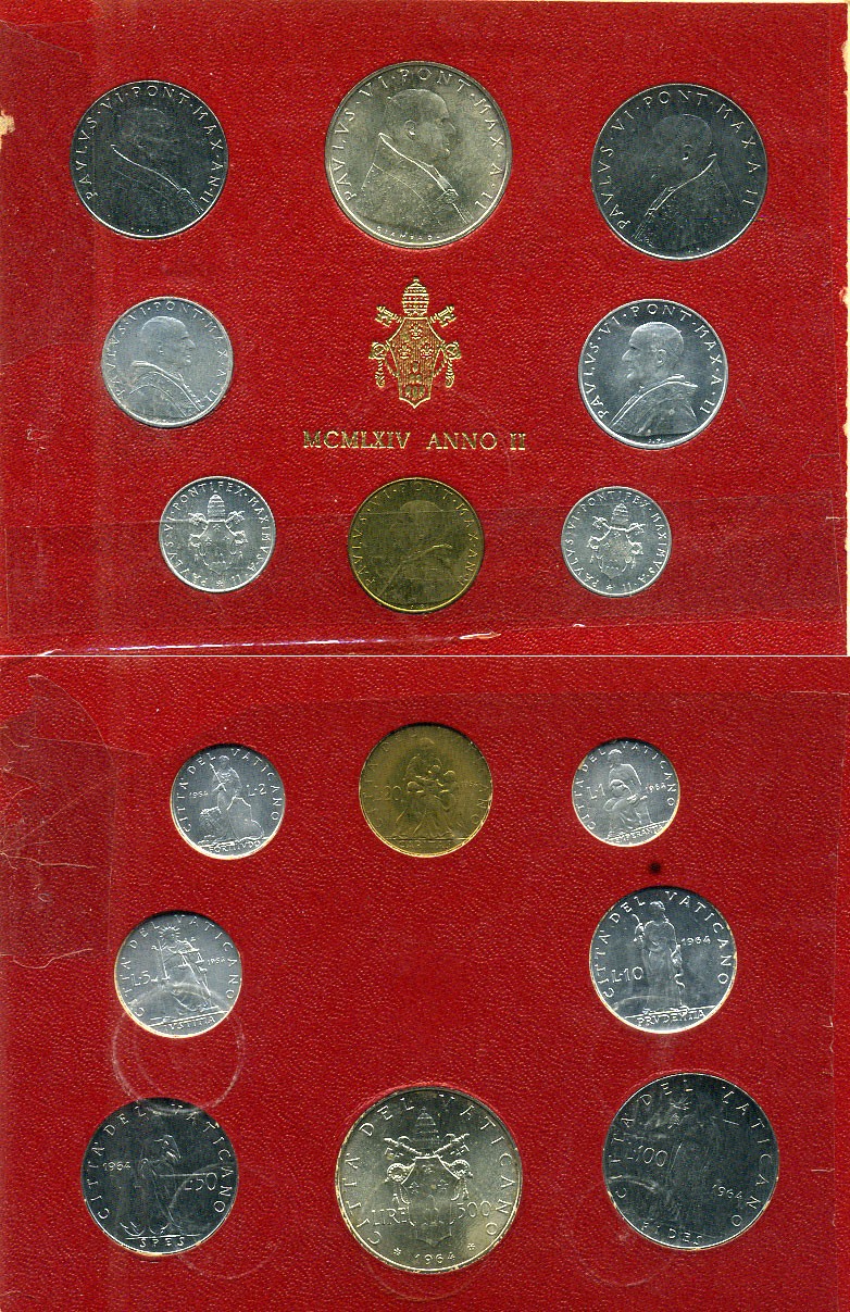 Ватикан набор из 8 монет 1964 1, 2, 5, 10, 20, 50, 100, 500 лир, в оригинальном буклете KM MS68 серебро UNC 8-1-01-11